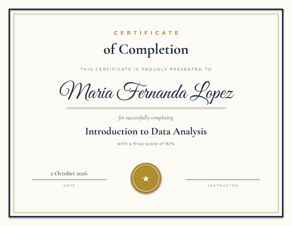 Sample certificate of completion made with the free RowDocs template: name, course, score and date filled in from a Google Form response